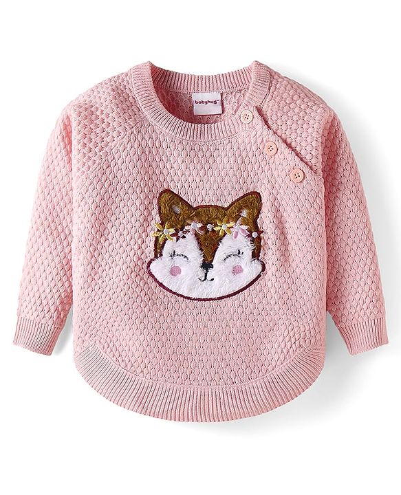 Babyhug Knit Full Raglan Sleeves Sweater With Kitty Embroidery - Pink