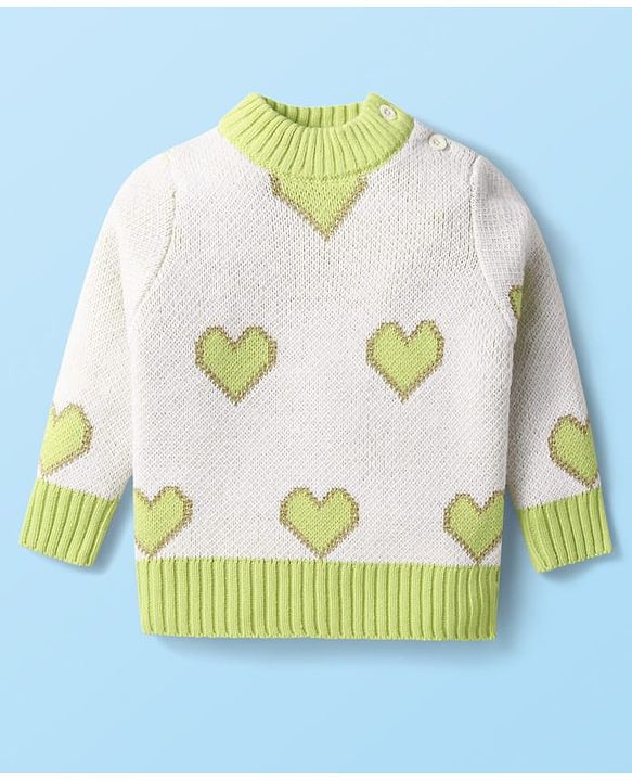 Babyhug Knitted Full Sleeves Pullover Sweater With Heart Design - Off White