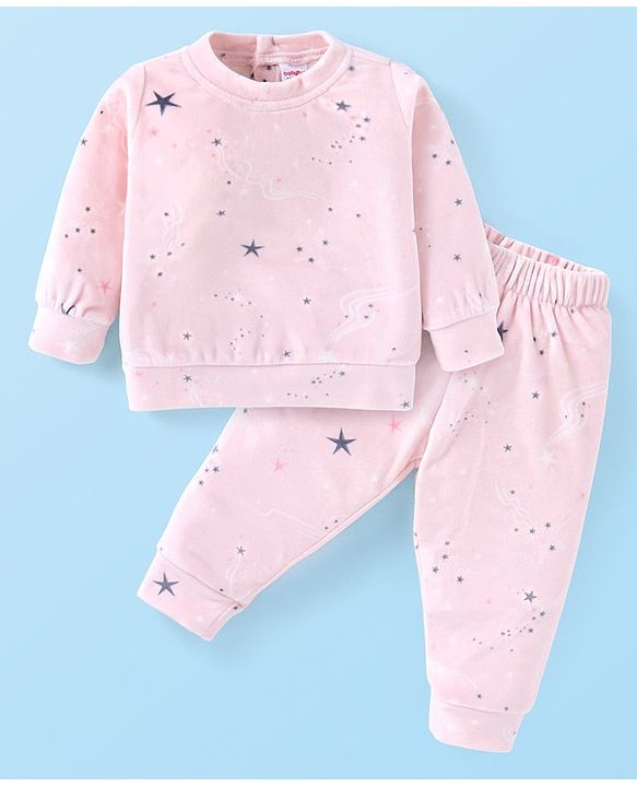 Babyhug Velour Knit Fulll Sleeves Stars Printed Winter Wear Co-Ord Set - Light Pink