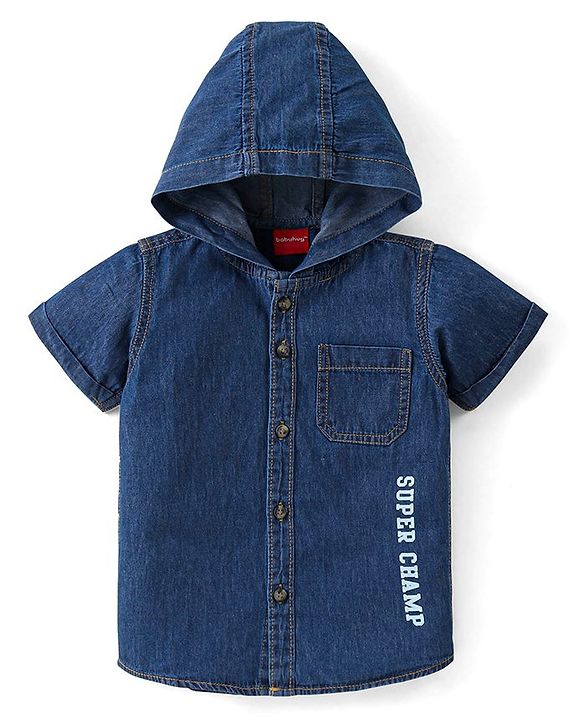 Babyhug Denim Half Sleeves Text Printed Hooded Shirt - Blue