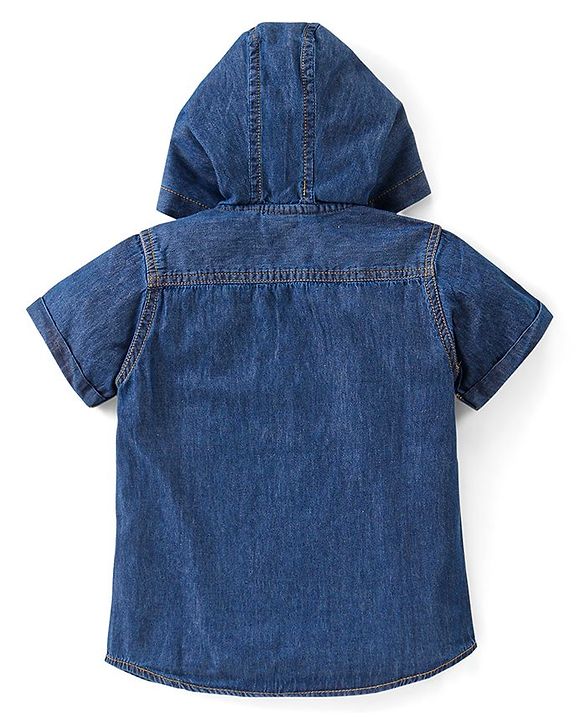 Babyhug Denim Half Sleeves Text Printed Hooded Shirt - Blue