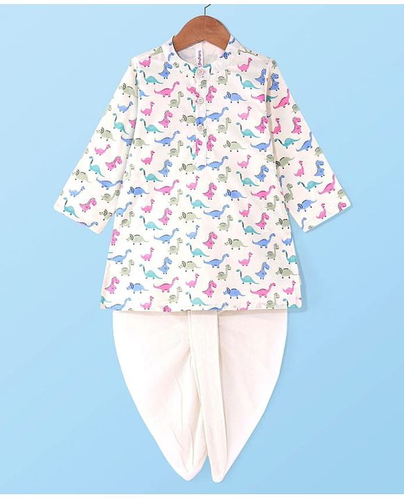 Babyhug 100% Cotton Woven Full Sleeves Dino Printed   Kurta & Dhoti Set - Cream