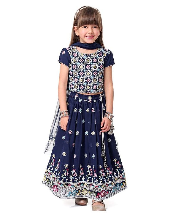 Babyhug Woven Half Sleeves Choli Lehenga & Dupatta Set With Sequin Embroidery & Tassel Detailing - Navy Blue