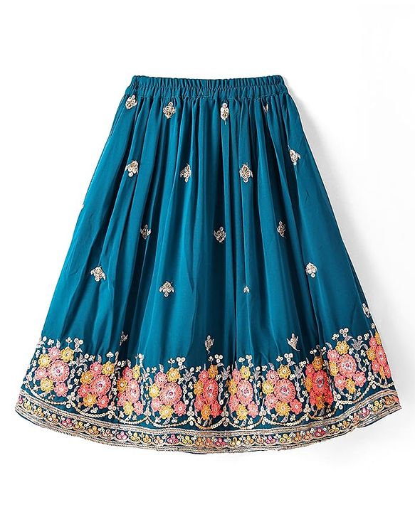 Babyhug Singlet Sleeves Abla  Embroidered Choli With Lehenga and Dupatta Set - Teal Blue