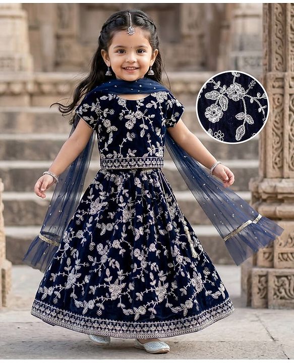 Babyhug Woven Short Sleeves Choli Lehenga & Dupatta Set with Floral Embroidery - Navy Blue