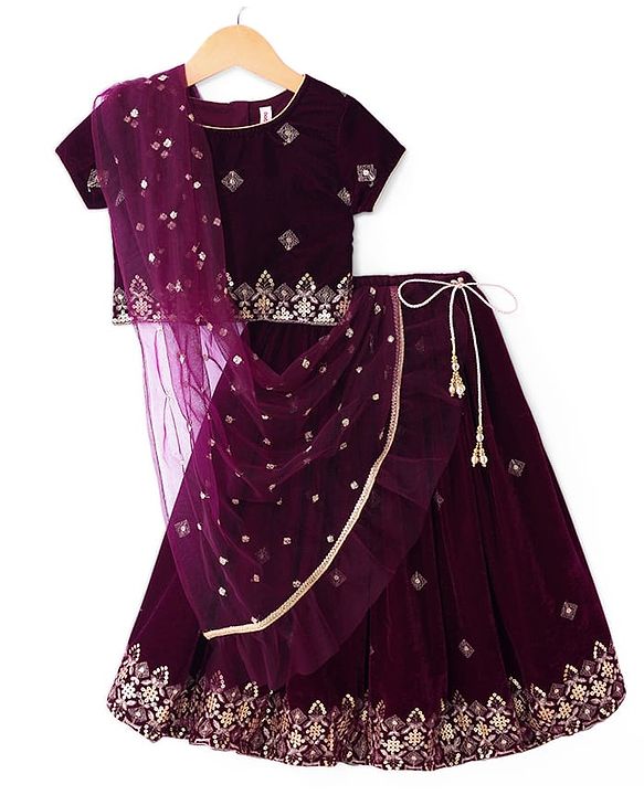 Babyhug Woven Half Sleeves Sequin Embroidered Choli Lehenga Set with Dupatta - Wine