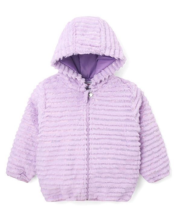 Babyhug Woven Full Sleeves Hooded Fur Winter Jacket with Solid Colour - Purple
