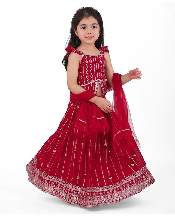 Babyhug Georgette  Woven Sleeveless Sequined Embroidered Choli Lehenga Set with Dupatta  - Maroon