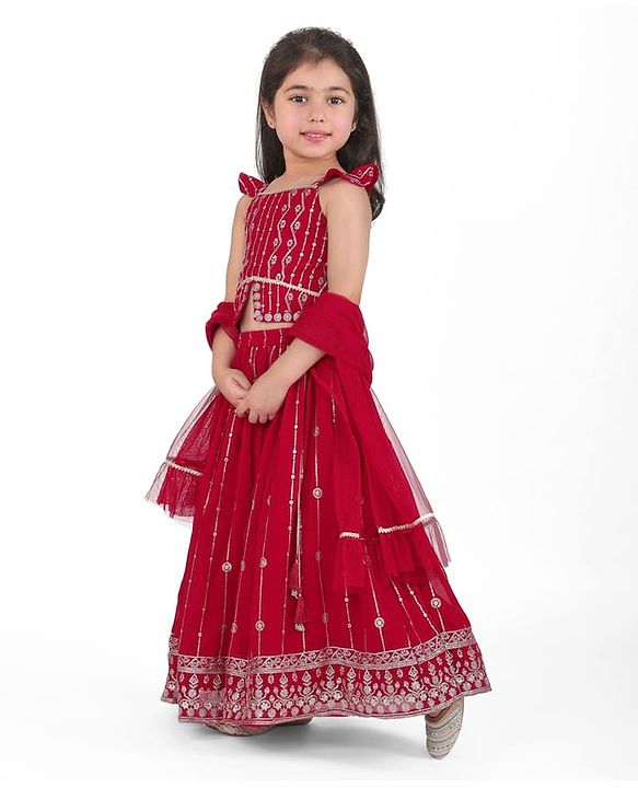 Babyhug Georgette  Woven Sleeveless Sequined Embroidered Choli Lehenga Set with Dupatta  - Maroon