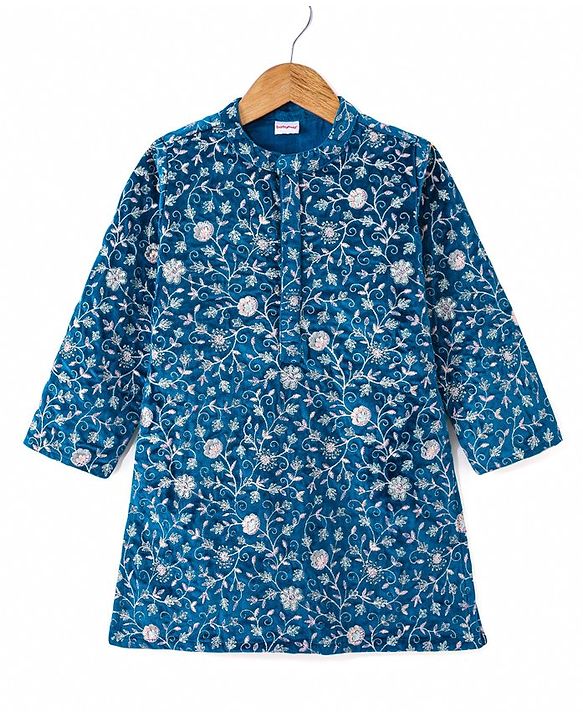 Babyhug Woven Full Sleeves Floral Embroidered Velvet Sherwani Kurta Pyjama Set - Teal