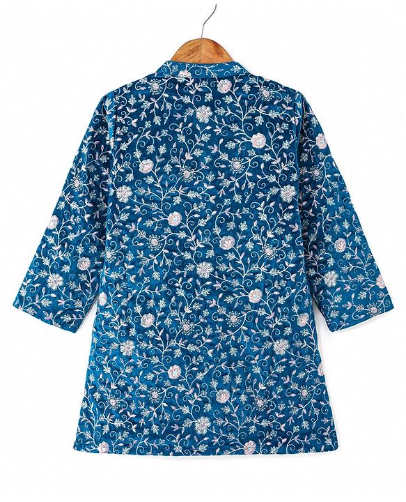 Babyhug Woven Full Sleeves Floral Embroidered Velvet Sherwani Kurta Pyjama Set - Teal