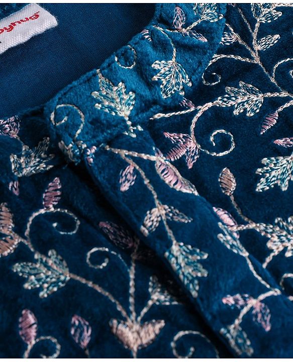Babyhug Woven Full Sleeves Floral Embroidered Velvet Sherwani Kurta Pyjama Set - Teal
