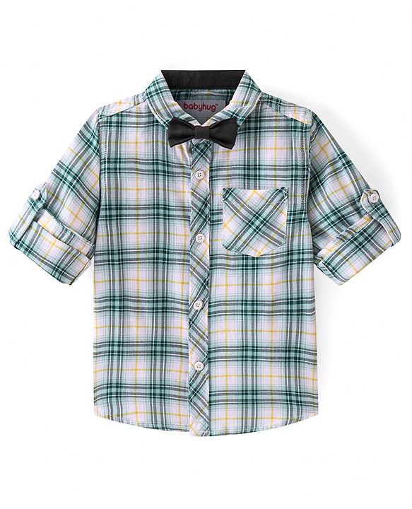 Babyhug Cotton Woven Full Sleeves Shirt with Checks & Bow Applique - White