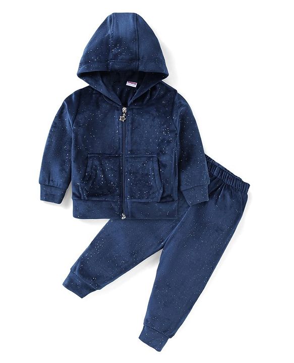 Babyhug Velour Woven Full Sleeves Hooded Winter Wear Suit with Fur  & Kangaroo Pockets - Navy Blue
