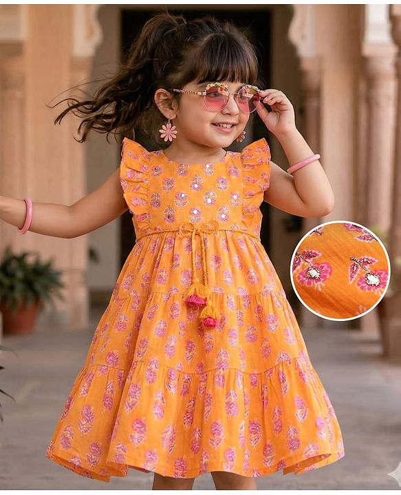 Babyhug Cotton Woven Cambric Frill Sleeves Floral Printed Ethnic Dress with Tassles & Mirror Work - Orange