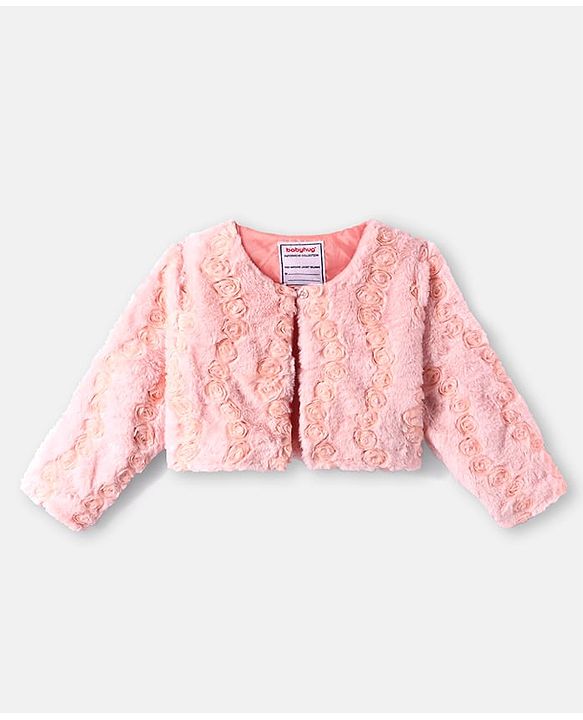 Babyhug Fur Woven Floral Corsage Full Sleeves Winter Jacket - Baby Pink
