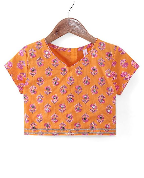 Babyhug Woven Half Sleeves Floral Print Choli Lehenga & Dupatta Set With Sequin Embroidery & Lace Detailing - Orange