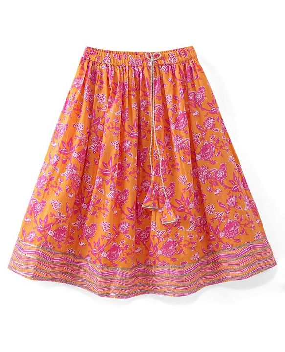 Babyhug Woven Half Sleeves Floral Print Choli Lehenga & Dupatta Set With Sequin Embroidery & Lace Detailing - Orange