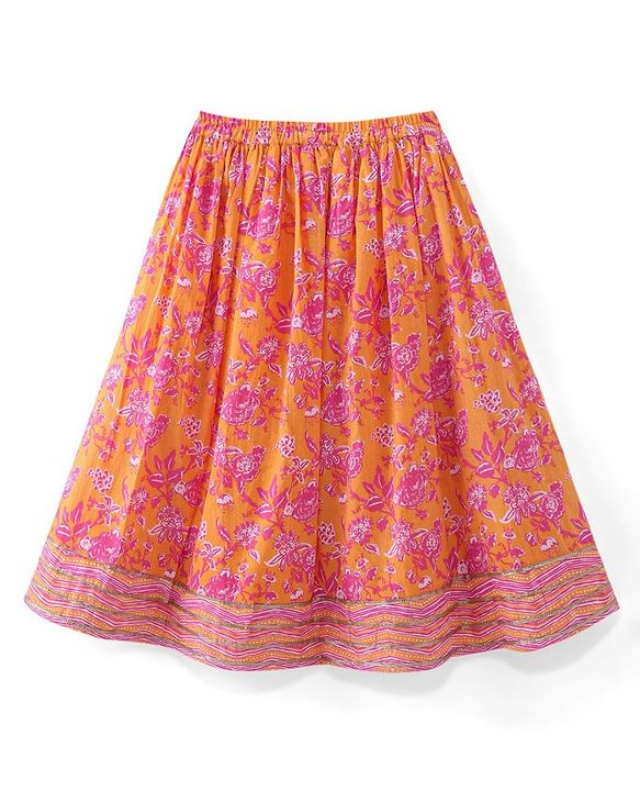 Babyhug Woven Half Sleeves Floral Print Choli Lehenga & Dupatta Set With Sequin Embroidery & Lace Detailing - Orange