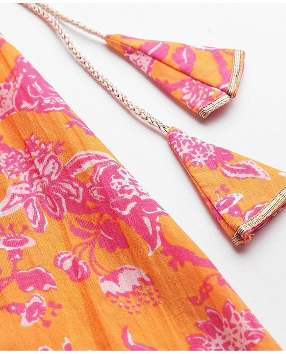 Babyhug Woven Half Sleeves Floral Print Choli Lehenga & Dupatta Set With Sequin Embroidery & Lace Detailing - Orange