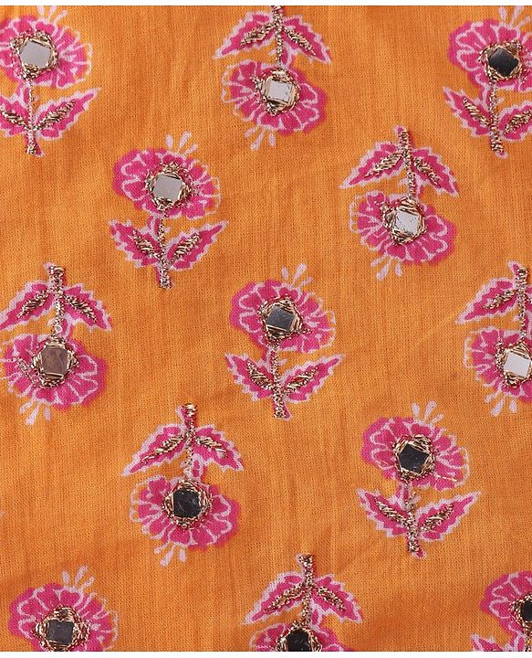 Babyhug Woven Half Sleeves Floral Print Choli Lehenga & Dupatta Set With Sequin Embroidery & Lace Detailing - Orange