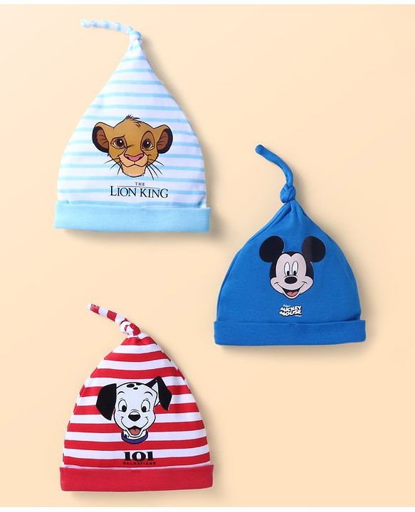 Babyhug Disney Interlock Knit Caps With Mickey Mouse 101 Dalmatians & Lion King Graphics Pack of 3 - Red Blue & Light Blue