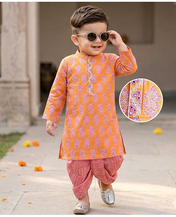 Babyhug Cotton Knit Full Sleeves Floral Printed Kurta Dhoti Set - Dark Peach