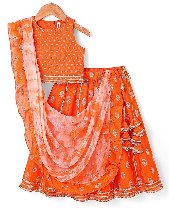 Babyhug Woven Sleeveless Foil Printed Choli Lehenga & Dupatta Set with Tassles & Lace Detailing - Orange