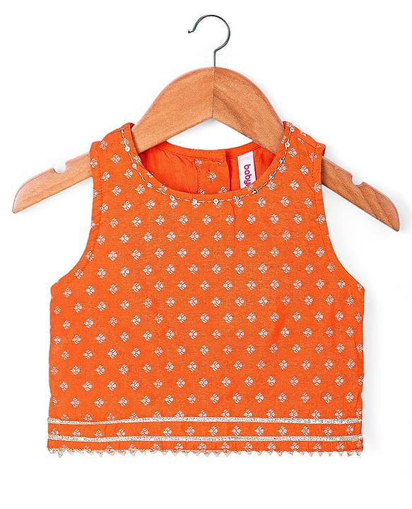 Babyhug Woven Sleeveless Foil Printed Choli Lehenga & Dupatta Set with Tassles & Lace Detailing - Orange