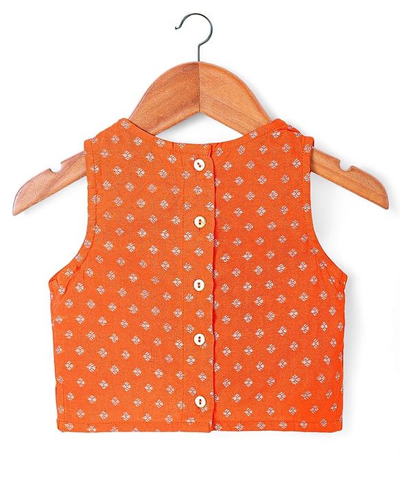 Babyhug Woven Sleeveless Foil Printed Choli Lehenga & Dupatta Set with Tassles & Lace Detailing - Orange