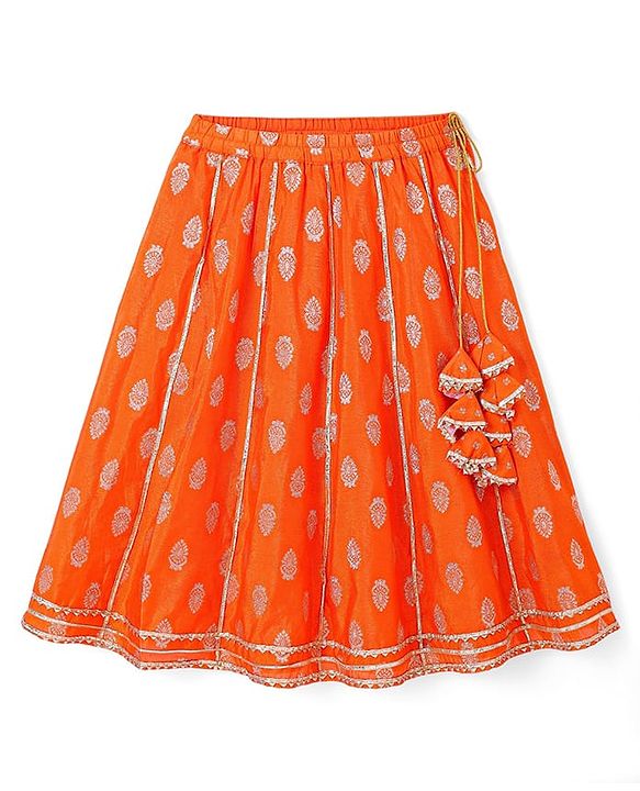 Babyhug Woven Sleeveless Foil Printed Choli Lehenga & Dupatta Set with Tassles & Lace Detailing - Orange