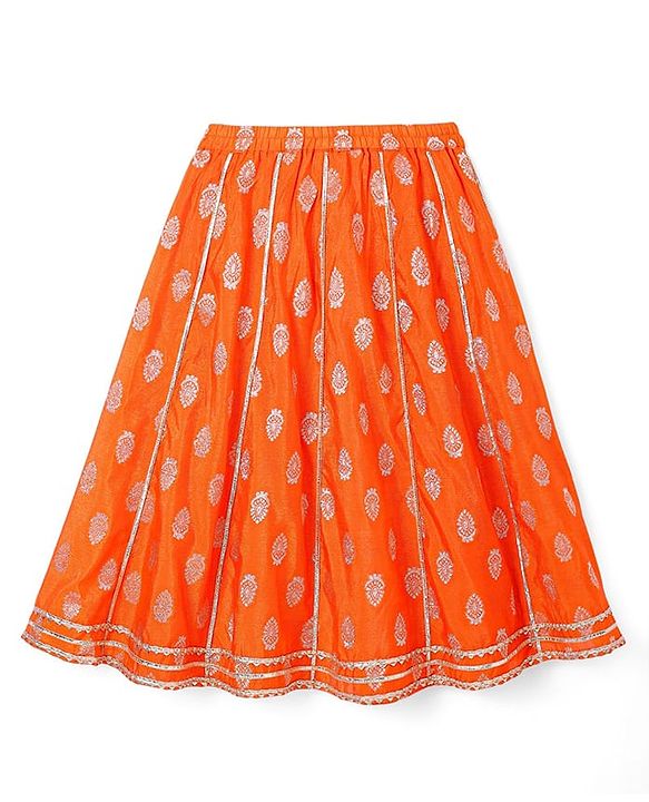Babyhug Woven Sleeveless Foil Printed Choli Lehenga & Dupatta Set with Tassles & Lace Detailing - Orange