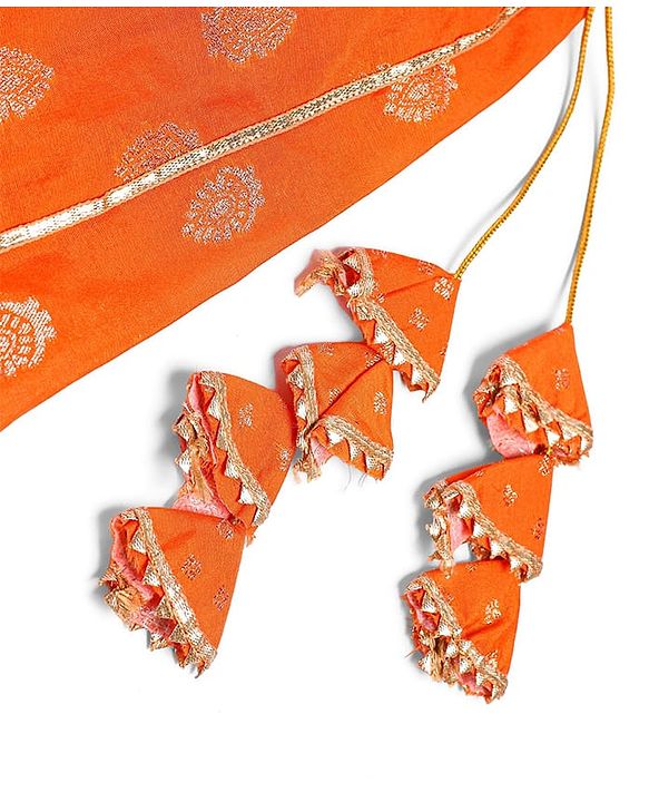 Babyhug Woven Sleeveless Foil Printed Choli Lehenga & Dupatta Set with Tassles & Lace Detailing - Orange