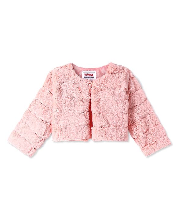 Babyhug Woven Full Sleeves Solid Colour Fur Winter Jacket - Pink