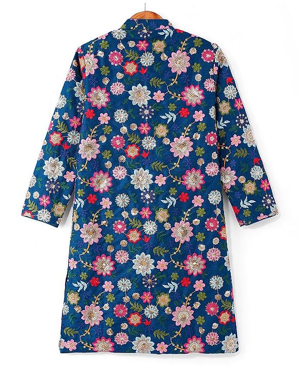 Pine Kids Woven Full Sleeves Kurta Pyjama Set with Floral Sequin Embroidery - Navy Blue