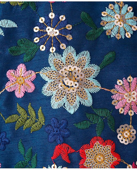 Pine Kids Woven Full Sleeves Kurta Pyjama Set with Floral Sequin Embroidery - Navy Blue