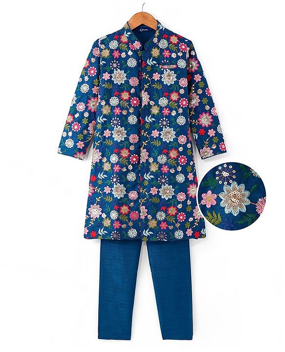 Pine Kids Woven Full Sleeves Kurta Pyjama Set with Floral Sequin Embroidery - Navy Blue
