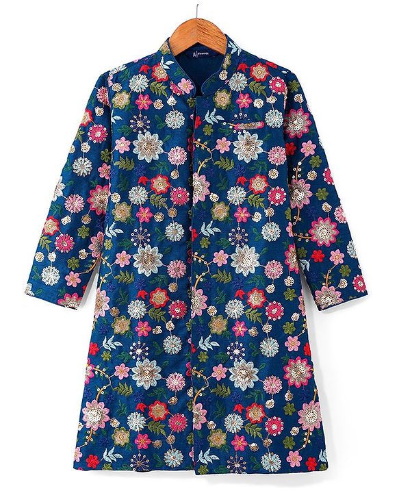 Pine Kids Woven Full Sleeves Kurta Pyjama Set with Floral Sequin Embroidery - Navy Blue