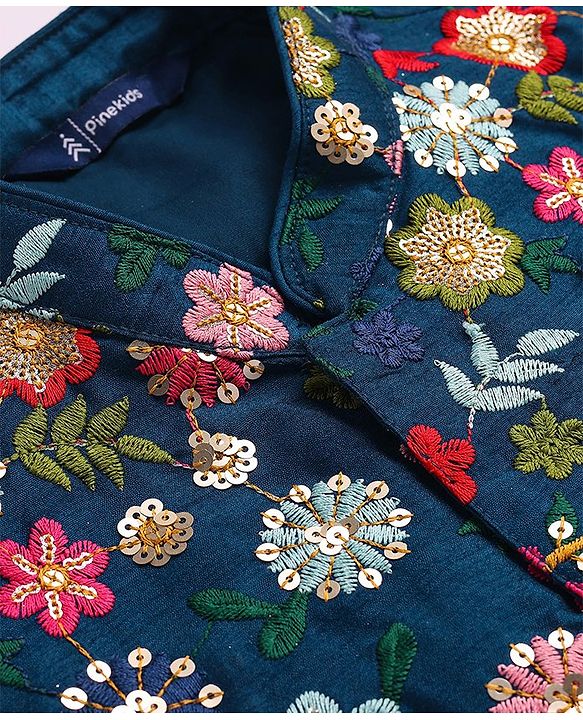 Pine Kids Woven Full Sleeves Kurta Pyjama Set with Floral Sequin Embroidery - Navy Blue