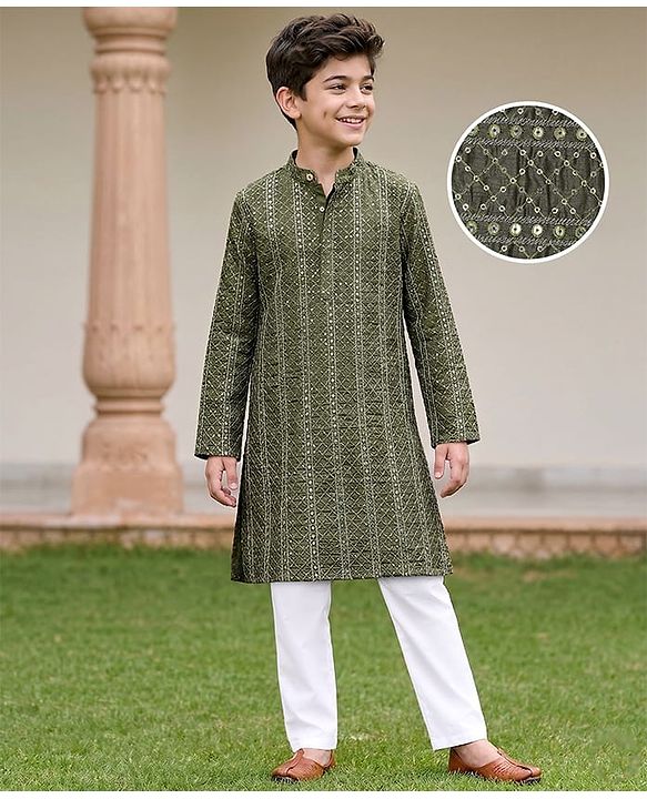 Pine Kids Woven Full Sleeves Sequinned Kurta Pyjama Set - Olive Green