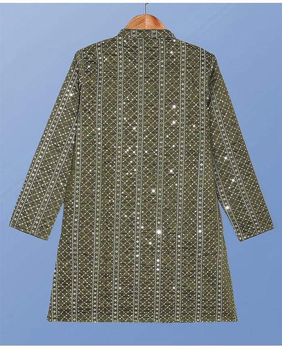 Pine Kids Woven Full Sleeves Sequinned Kurta Pyjama Set - Olive Green