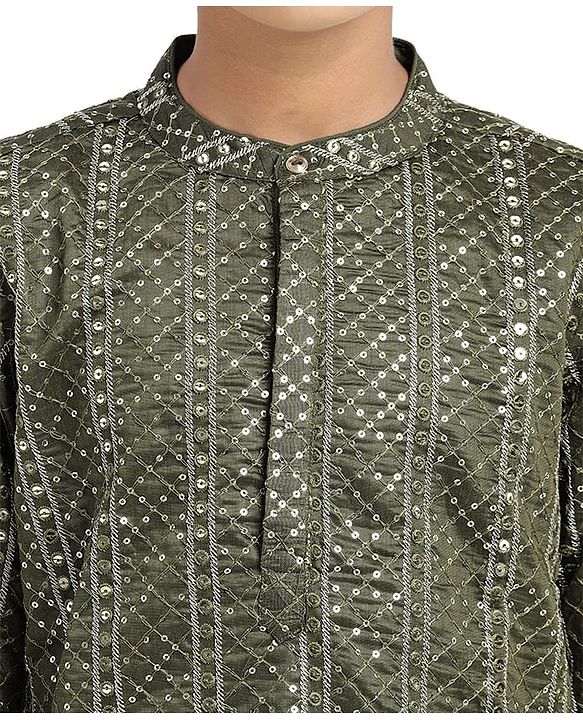 Pine Kids Woven Full Sleeves Sequinned Kurta Pyjama Set - Olive Green