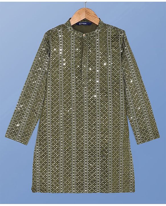 Pine Kids Woven Full Sleeves Sequinned Kurta Pyjama Set - Olive Green