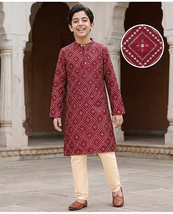 Pine Kids Woven Full Sleeves Sequinned Kurta Pyjama Set - Maroon