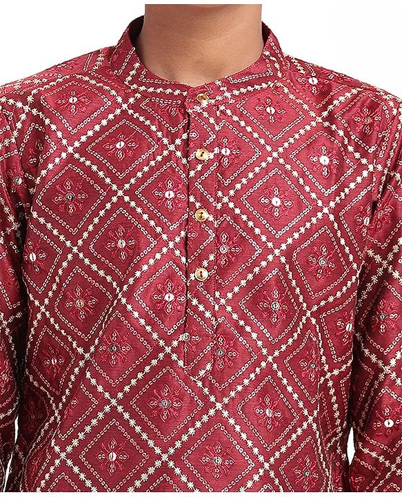 Pine Kids Woven Full Sleeves Sequinned Kurta Pyjama Set - Maroon