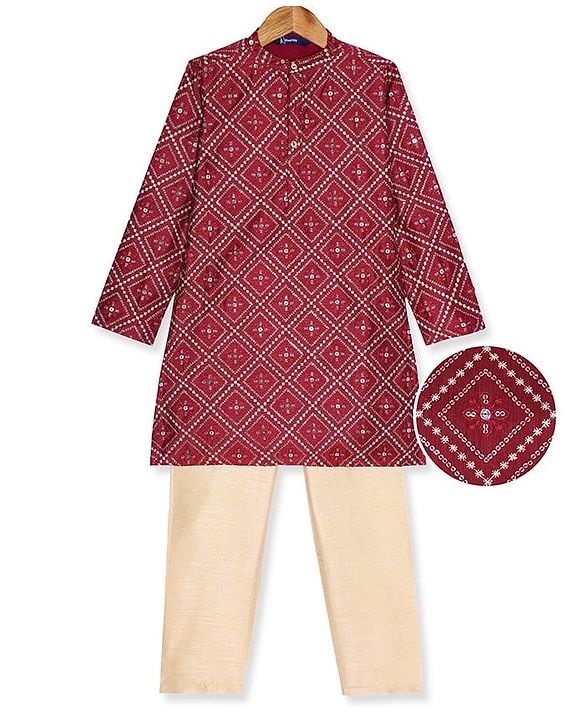 Pine Kids Woven Full Sleeves Sequinned Kurta Pyjama Set - Maroon