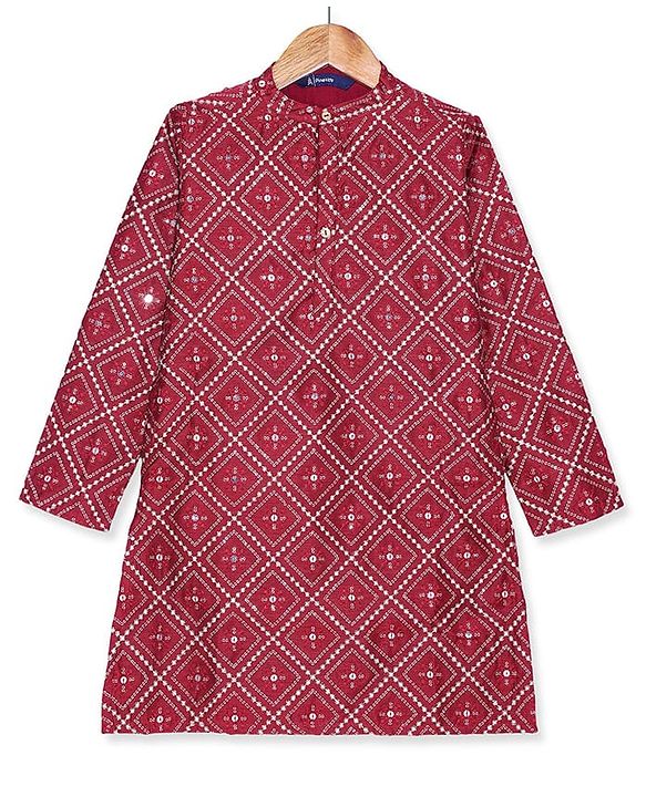 Pine Kids Woven Full Sleeves Sequinned Kurta Pyjama Set - Maroon