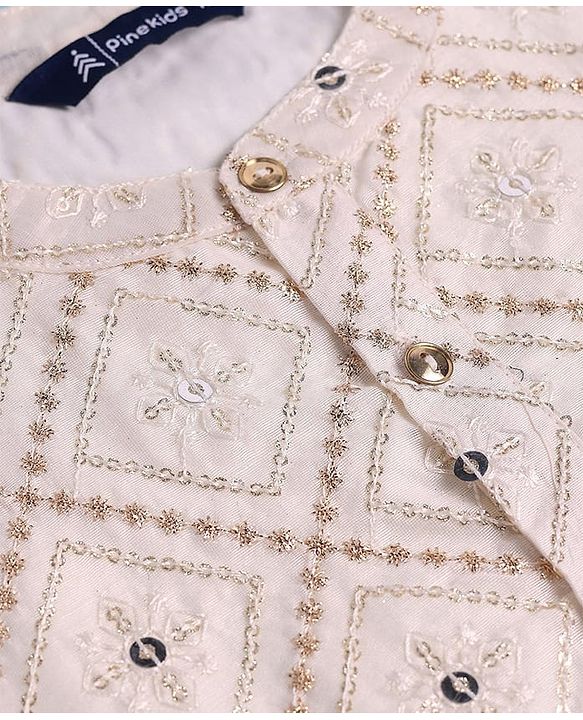 Pine KIds Woven Full Sleeves Kurta Pyjama Set with Sequin Embroidery - White