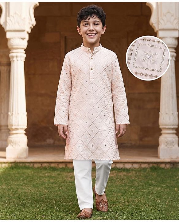 Pine KIds Woven Full Sleeves Kurta Pyjama Set with Sequin Embroidery - White