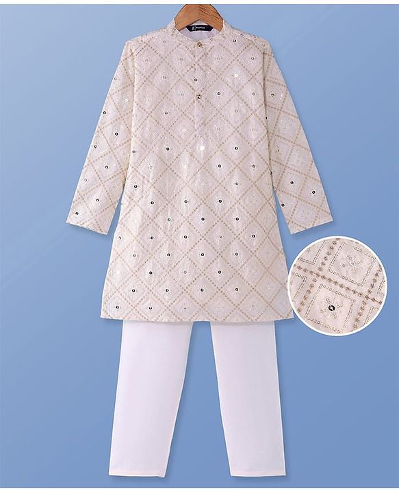 Pine KIds Woven Full Sleeves Kurta Pyjama Set with Sequin Embroidery - White